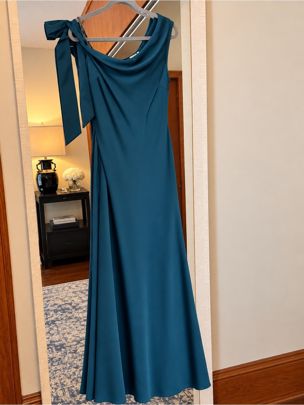 Herve Leger The Jolene Gown - Teal One-Shoulder Gown with Shoulder Bow